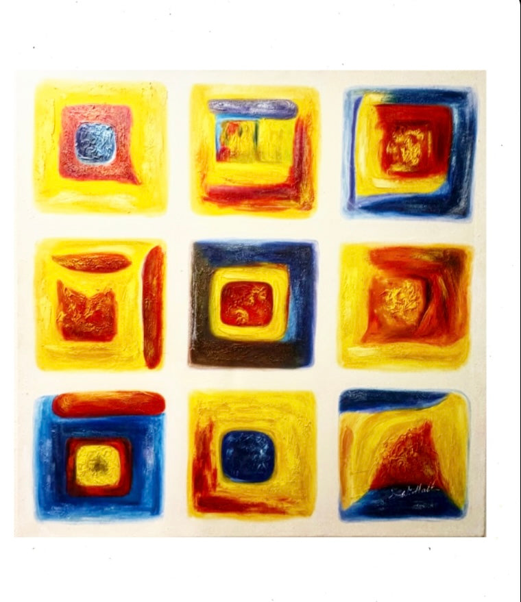 Large 1980’s Geometric Abstract Oil on Canvas in Primary Colors, Signed W. Hall
